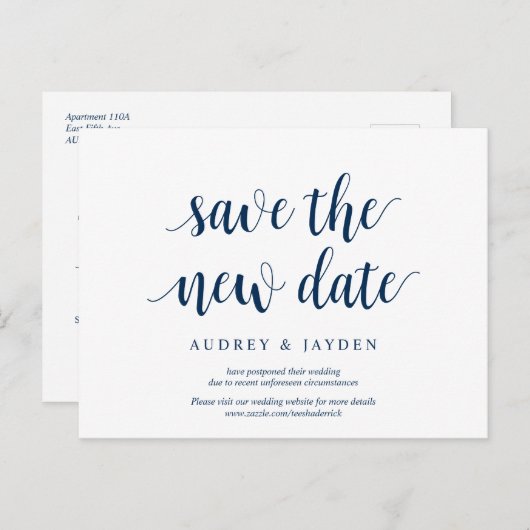 Rustic Navyblauw, Sla de nieuwe datum op, uitgeste Briefkaart (Voorkant / Achterkant)