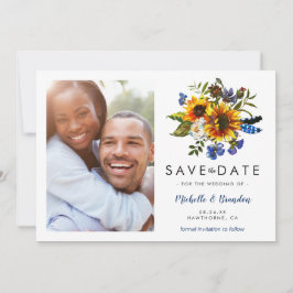 Rustic Navyblauwe Zonnebloem Save the Date Foto