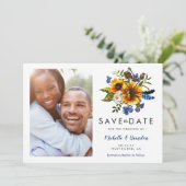 Rustic Navyblauwe Zonnebloem Save the Date Foto (Staand voorkant)