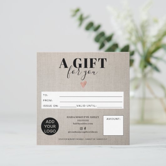 Rustic neplinnen vierkant logo voor cadeaubon (Staand voorkant)