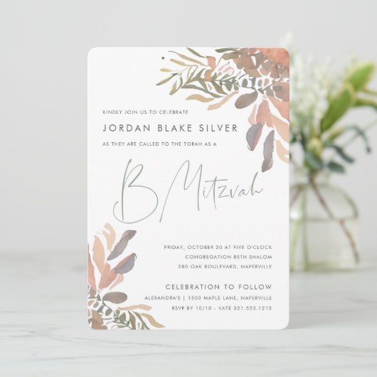Rustic Neutral Boho Floral B Mitzvah Kaart (Staand voorkant)