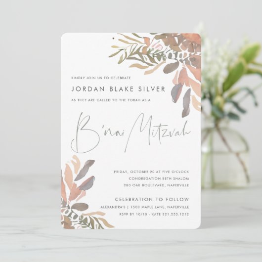 Rustic Neutral Boho Floral B'nai Mitzvah Kaart (Staand voorkant)
