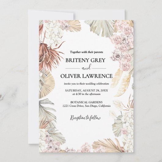 Rustic Neutral Boho Floral Wedding Kaart (Voorkant)