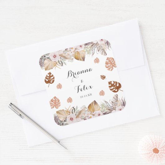 Rustic Neutral Boho Wedding Vierkante Sticker (Envelop)