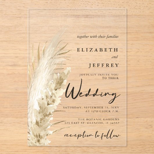 Rustic Neutral Earthy Boho Pampas Grass Wedding Acryl Uitnodigingen (Voorkant)