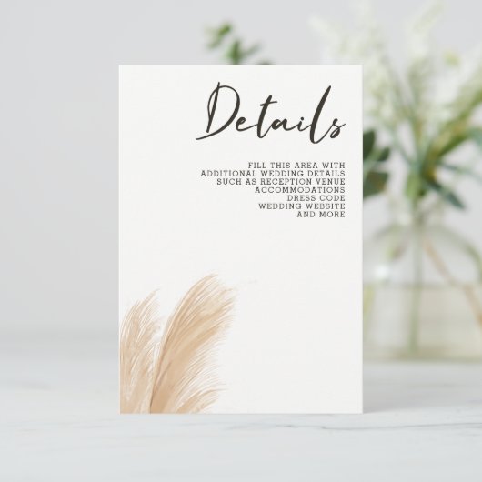 Rustic Neutral Earthy Boho Pampas Grass Wedding Informatiekaartje (Staand voorkant)