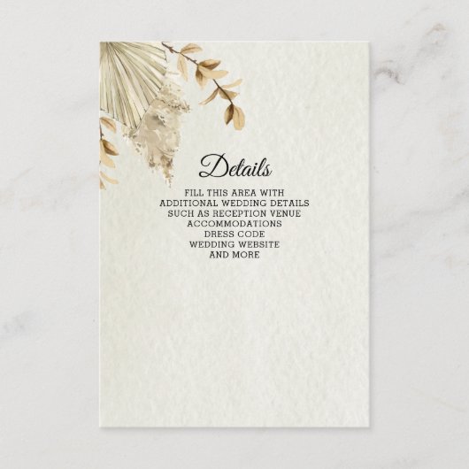 Rustic Neutral Earthy Boho Pampas Grass Wedding Informatiekaartje (Voorkant)
