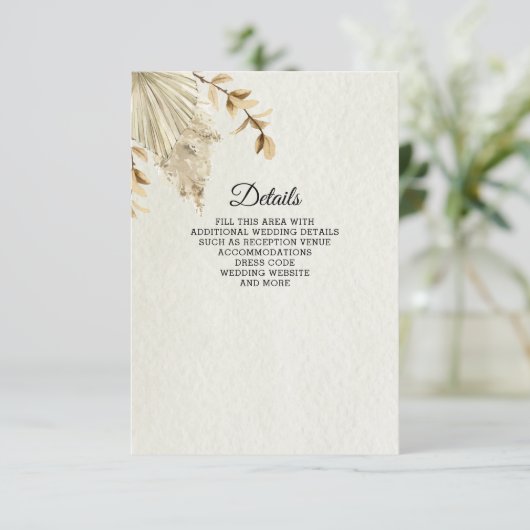 Rustic Neutral Earthy Boho Pampas Grass Wedding Informatiekaartje (Staand voorkant)