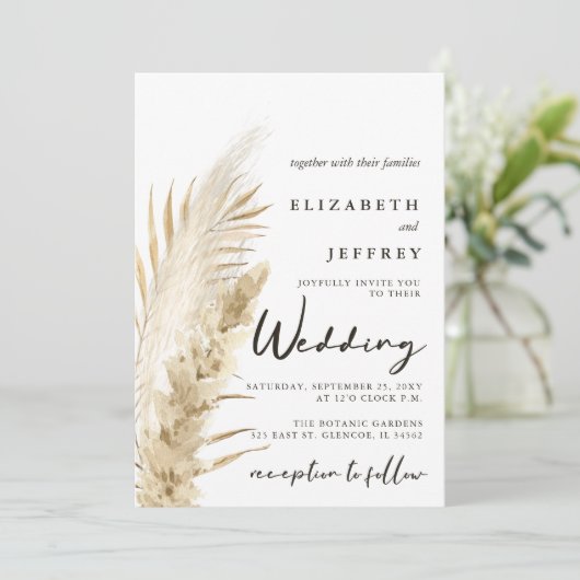 Rustic Neutral Earthy Boho Pampas Grass Wedding Kaart (Staand voorkant)