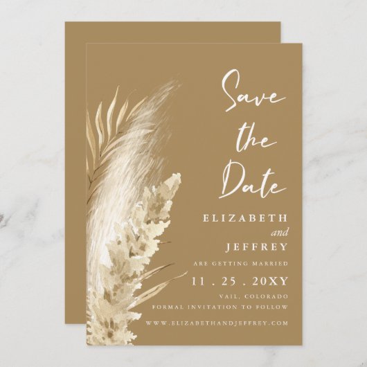 Rustic Neutral Earthy Boho Pampas Save the Date Aankondiging (Voorkant / Achterkant)