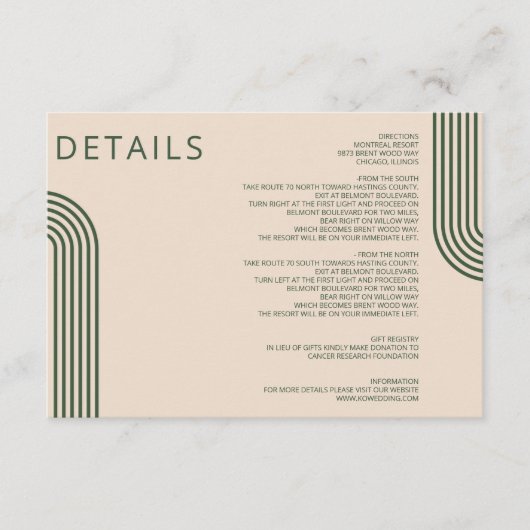 Rustic Neutral Green Arched Modern Wedding Informatiekaartje (Voorkant)