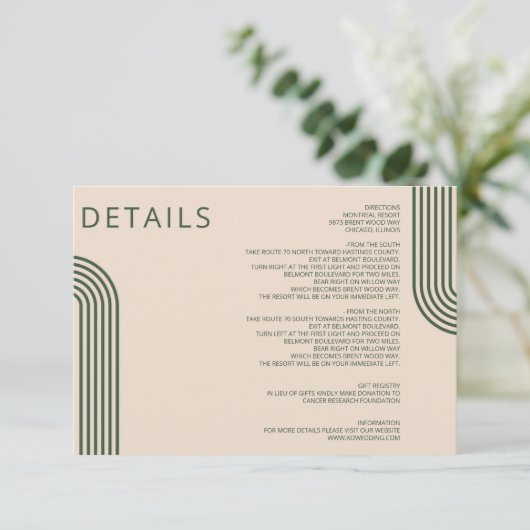 Rustic Neutral Green Arched Modern Wedding Informatiekaartje (Staand voorkant)