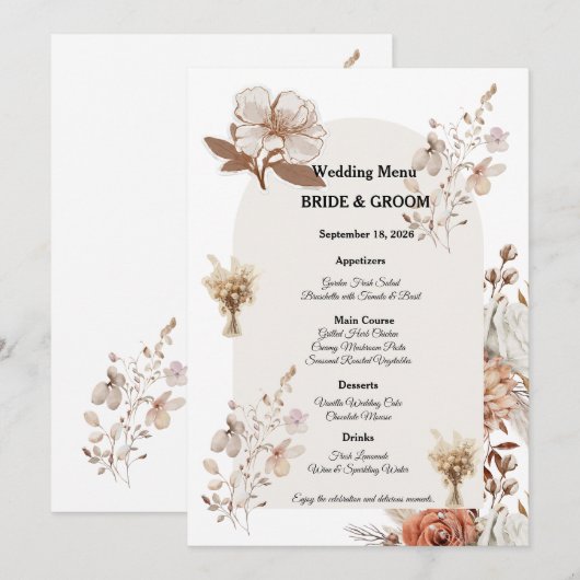 Rustic Neutral Wedding Menu Design (Voorkant / Achterkant)