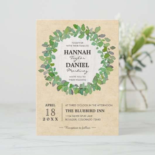 Rustic Neutral Wedding WreatCustom Invitation Kaart (Staand voorkant)