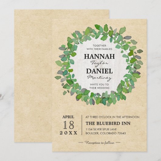Rustic Neutral Wedding WreatCustom Invitation Kaart (Voorkant / Achterkant)