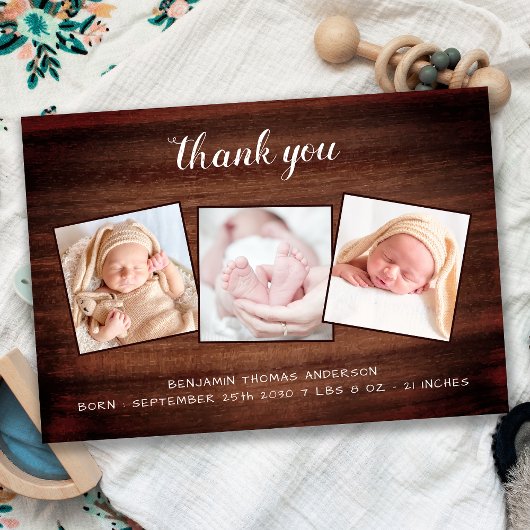 Rustic New Baby 3 Foto County Wood Baby shower Bedankkaart