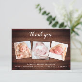 Rustic New Baby 3 Foto County Wood Baby shower Bedankkaart (Staand voorkant)