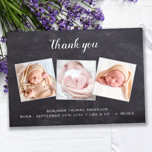 Rustic New Baby Chalkboard 3 Foto Baby shower Bedankkaart