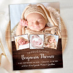 Rustic New Baby Custom 4 Foto geboorteaankondiging Briefkaart<br><div class="desc">kondig je nieuwe baby aan bij vrienden en familie met deze elegante en moderne fotocollage-publicatiekaarten. Pas vier van je favoriete foto's aan en personaliseer je met naam,  geboortedatum,  geboortestaat. COPYRIGHT © 2020 Judy Burrows,  Black Dog Art - Alle rechten voorbehouden. Rustic New Baby Custom 4 Photo Birth Announding Briefkaart</div>