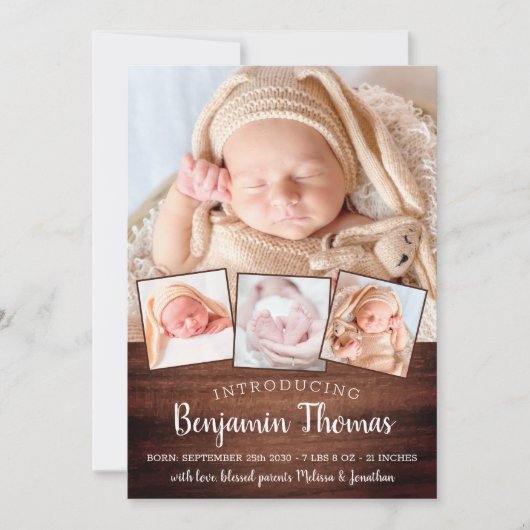Rustic New Baby op maat 4 Foto collage geboorte Aankondiging (Voorkant)