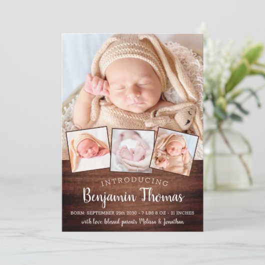 Rustic New Baby op maat 4 Foto collage geboorte Aankondiging (Staand voorkant)