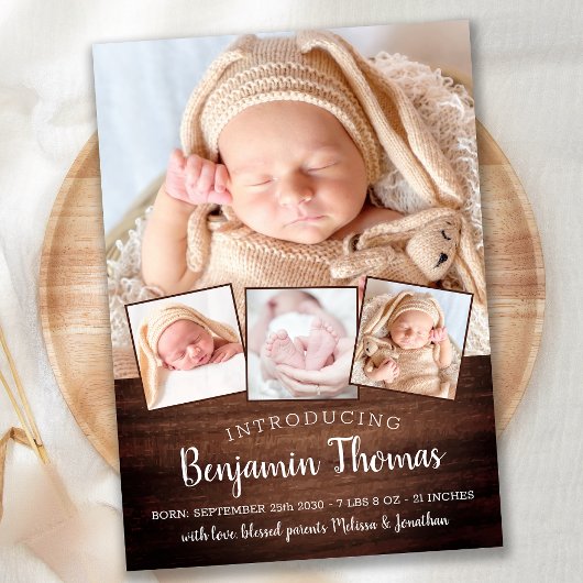 Rustic New Baby op maat 4 Foto collage geboorte Aankondiging