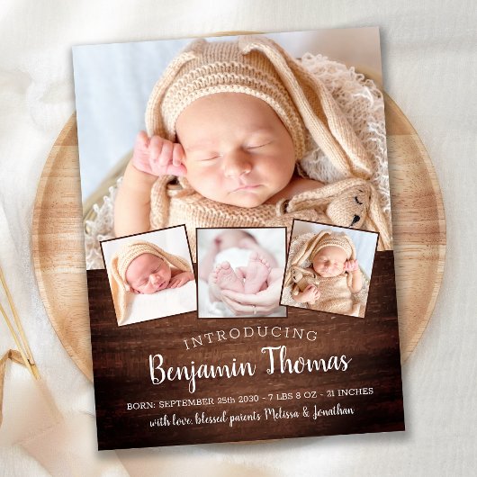 Rustic New Baby op maat 4 Foto collage geboorte Aankondigingskaart