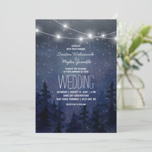 Rustic Night Sky Forest Wedding | String Lights Kaart (Staand voorkant)