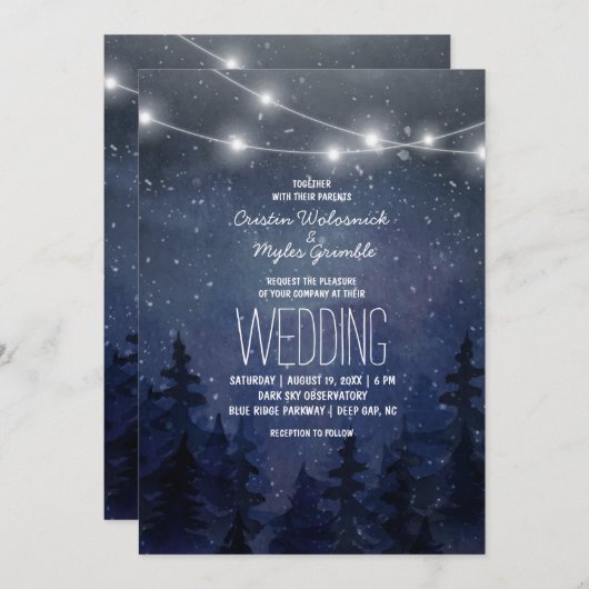 Rustic Night Sky Forest Wedding | String Lights Kaart (Voorkant / Achterkant)
