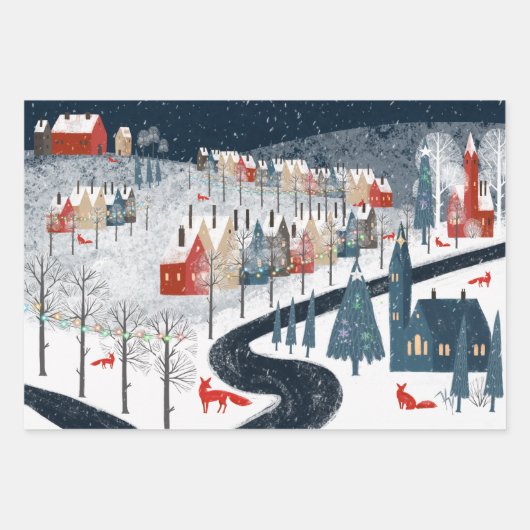 Rustic Nordic Snowy Mountain Village Fox Trotting Inpakpapier Vel (Voorkant)