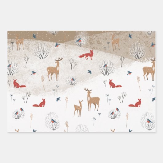 Rustic Nordic Winter Fox Deer Snowy Mountain Inpakpapier Vel (Voorkant 2)