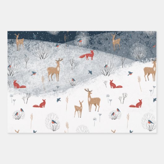 Rustic Nordic Winter Fox Deer Snowy Mountain Inpakpapier Vel (Voorkant)
