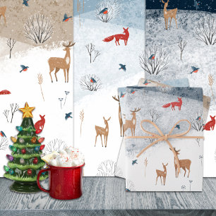Rustic Nordic Winter Fox Deer Snowy Mountain Inpakpapier Vel
