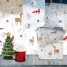 Rustic Nordic Winter Fox Deer Snowy Mountain Inpakpapier Vel
