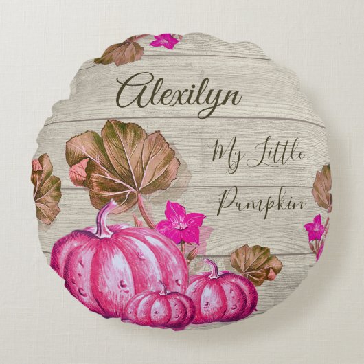 Rustic Nursery Grey Wood Autumn Pink Pumpkins Rond Kussen (Voorkant)