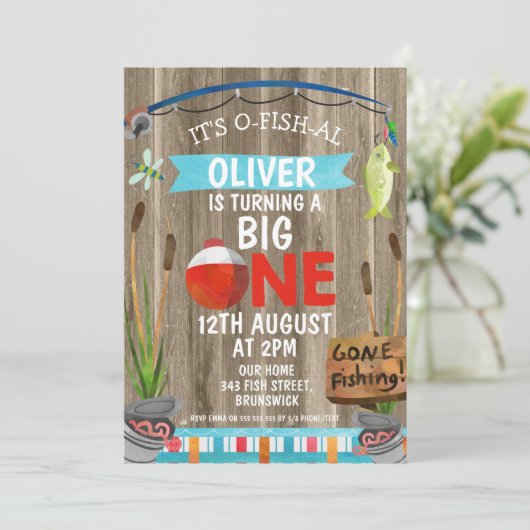 Rustic O-Fish-Al Eerste Verjaardag Uitnodiging (Staand voorkant)