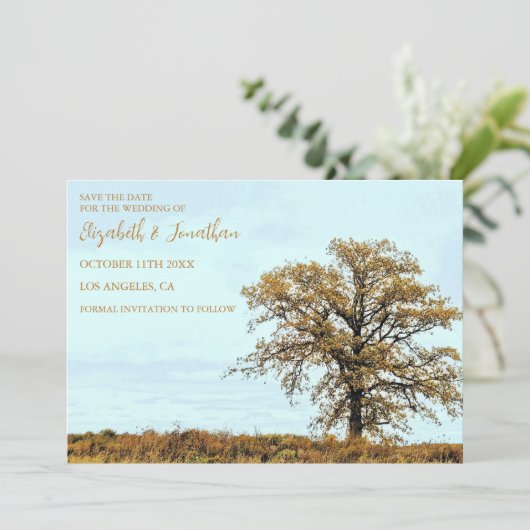 Rustic Oak Tree Autumn Wedding Save The Date (Staand voorkant)