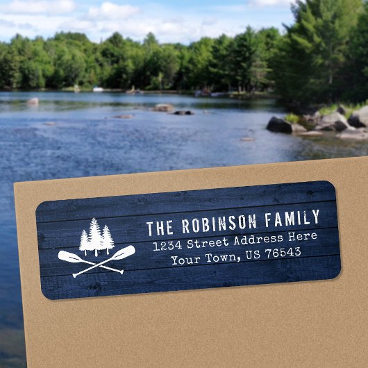 Rustic Oars Trees Blue Wood Print Address Etiket