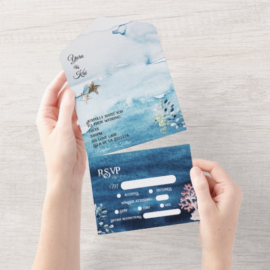 Rustic Ocean Dietary Restrictions RSVP Wedding All In One Uitnodiging (Afscheurbaar)