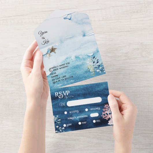 Rustic Ocean Menu Choice RSVP Weddenschap All-in-O All In One Uitnodiging (Afscheurbaar)