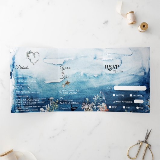 Rustic Ocean Menu-Choice RSVP Wedding Drieluik Uitnodiging (Binnen)