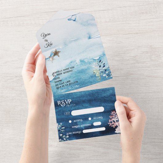Rustic Ocean Song Request RSVP Wedding All In One Uitnodiging (Afscheurbaar)