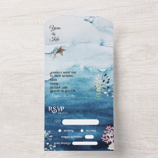 Rustic Ocean Song Request RSVP Wedding All In One Uitnodiging (Binnen)