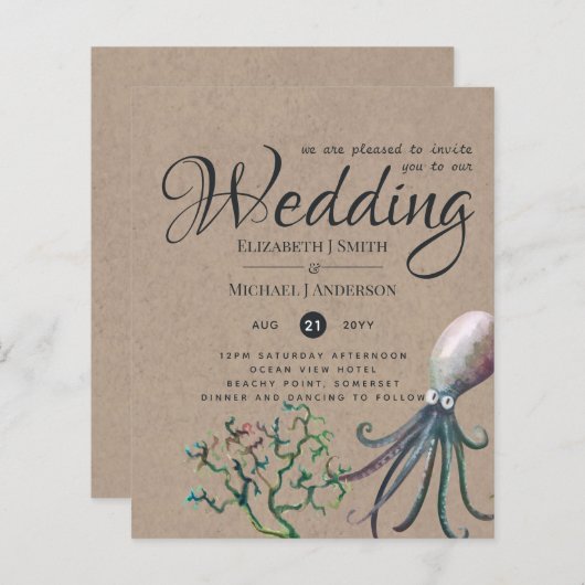 Rustic Octopus Ocean Zee Wedding Invites Budget (Voorkant / Achterkant)