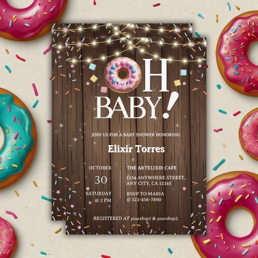 Rustic Oh Baby Donut & Sprinkle Kawaii Baby shower Kaart