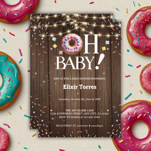 Rustic Oh Baby Donut & Sprinkle Kawaii Baby shower Kaart