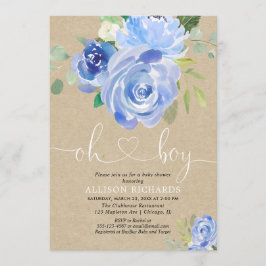 Rustic Oh Boy baby shower blue floral kraft Kaart