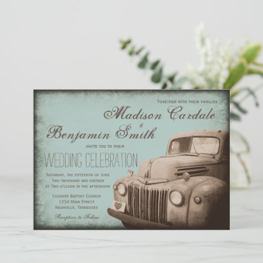 Rustic Old Truck  country Wedding Invites Kaart (Staand voorkant)