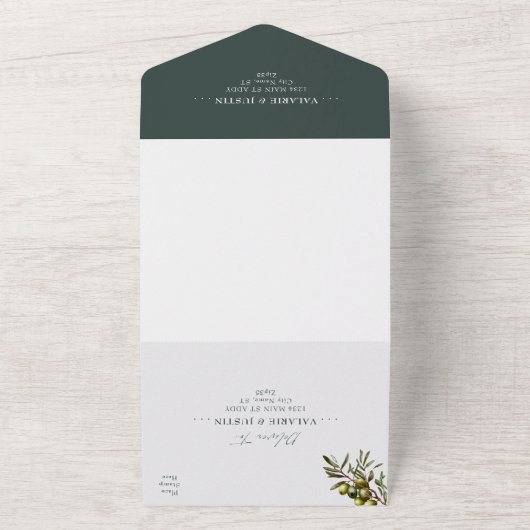 Rustic Olive Branch Dark Green Wedding All In One Uitnodiging (Buitenkant)