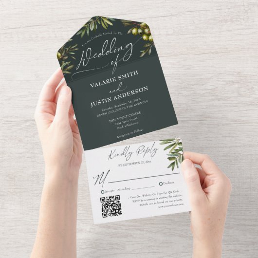 Rustic Olive Branch Dark Green Wedding All In One Uitnodiging (Afscheurbaar)